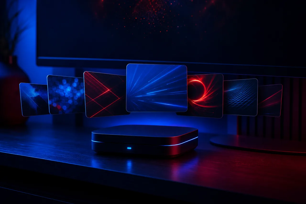 Android TV box on a living room shelf with an Ethernet cable plugged in