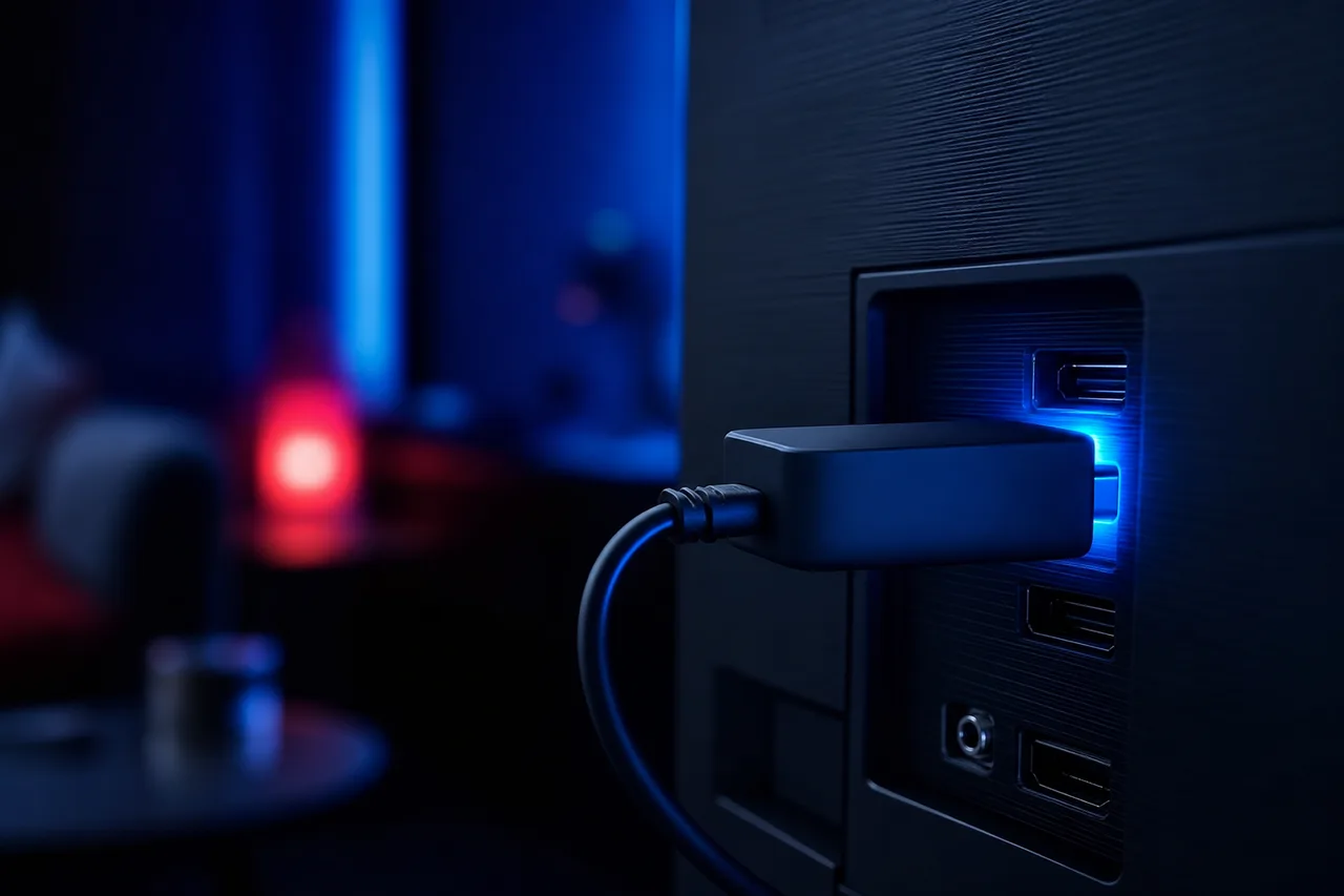 Fire TV Stick plugged into a TV's HDMI port with its small remote beside it
